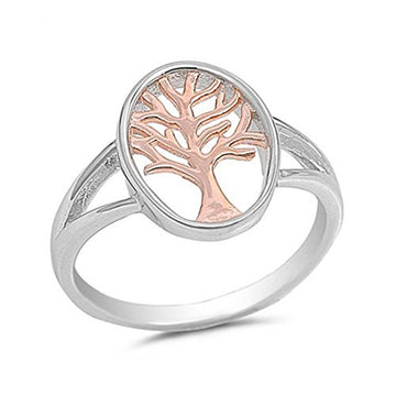 Split Shank Tree of Life Plain Rings Two Tone 925 Sterling Silver